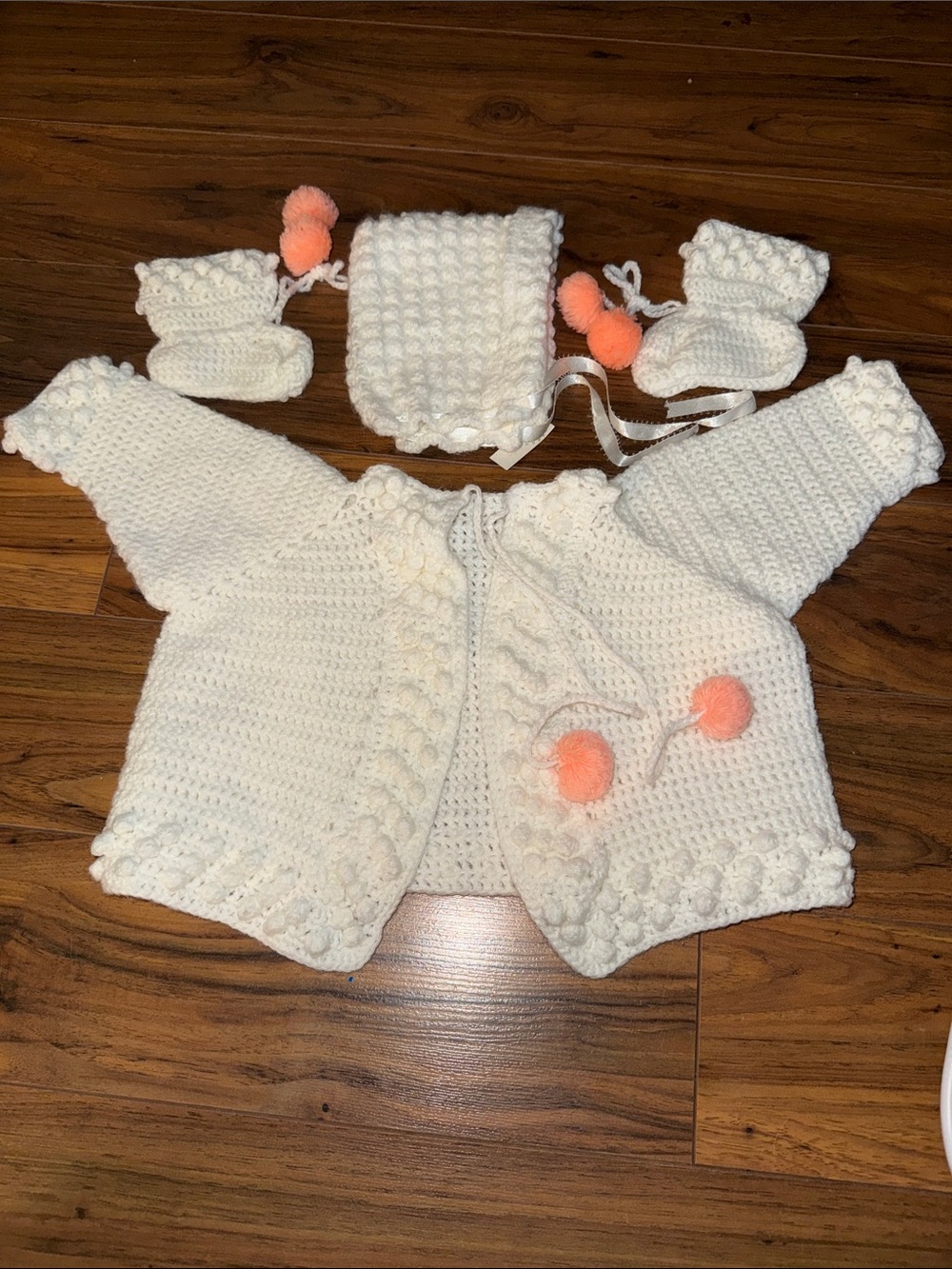 3-6m Handmade vintage Baby Crochet/knit  Set with Pom-Poms Cream  Peach Accents